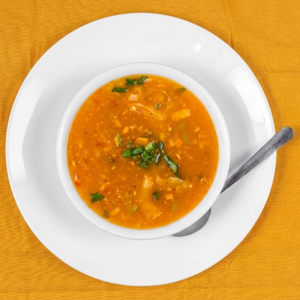 Overhead view of a bowl of orange soup with vegetables and green onions on a white plate.